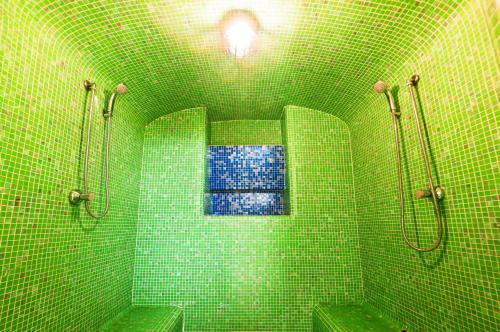 a green tiled bathroom with two toilets and a window at Poggio Aragosta Hotel & Spa in Ischia