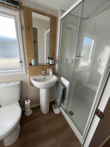 a bathroom with a toilet sink and a shower at 39 Woodland Walk in Pevensey