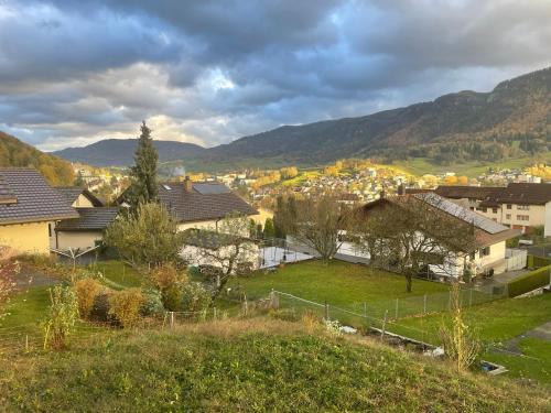 un pueblo con casas y montañas en el fondo en Le p’tit 37 en Moutier