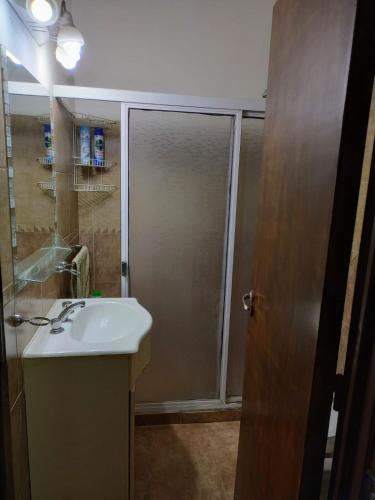 a bathroom with a shower and a white sink at Casa Arenales in Almafuerte
