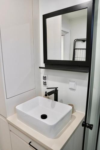 a bathroom with a white sink and a mirror at Wilcza Przystań in Borzygniew