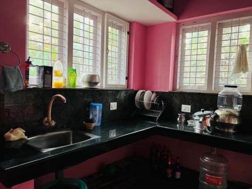 - une cuisine avec évier et des murs et fenêtres roses dans l'établissement Paddy View Service Villa, à Wayanad