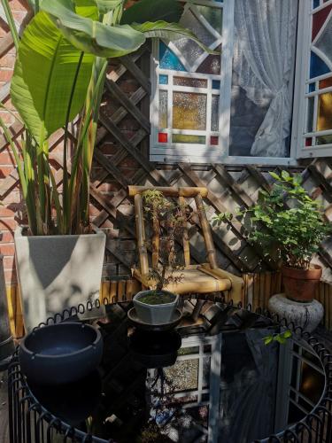 a patio with a chair and potted plants at Suzhou Houlishenghuo Guesthouse in Suzhou