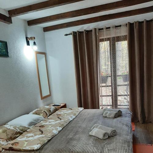a bedroom with two beds in front of a window at Vila KTM Lisine in Despotovac