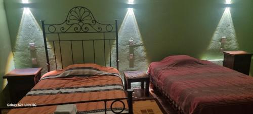 2 Betten in einem grünen Zimmer mit Weihnachtsbäumen in der Unterkunft Casa teocalli in Teotitlán del Valle