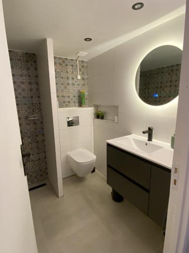 a bathroom with a sink toilet and a mirror at In de aap gelogeerd in Apeldoorn