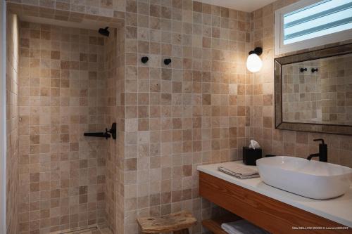 een badkamer met een wastafel en een spiegel bij On the Beach , in Saint Barth... Mellow Mood Villa in Saint Barthelemy