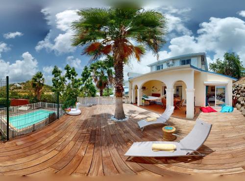 a house with a pool and a palm tree at Happy Friar's in Friar's Bay