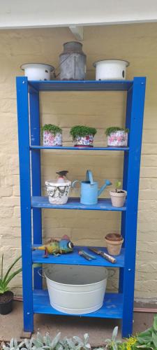 a blue shelf filled with pots and pans at The Centre Circle in Hilton