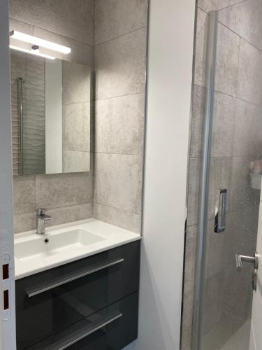 une salle de bain avec un lavabo et une douche dans l'établissement La Bôloise, à La Baule