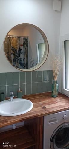 ein Bad mit einem Waschbecken und einem Spiegel in der Unterkunft Le Goh Reste, agréable maison de campagne in Locmaria-Grand-Champ