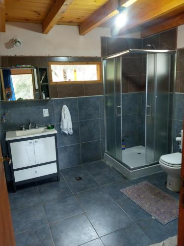 Un baño con ducha, lavabo e inodoro. en Mirador de la montaña, en Los Repollos