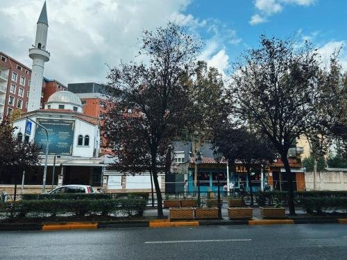 a city street with trees and buildings and a mosque at Clinton Tirana Inn in Tirana