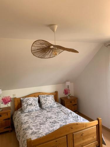 une chambre avec un lit avec un ventilateur de plafond dans l'établissement Gîte indépendant Diz'enreves au cœur des vignes, à Dizy