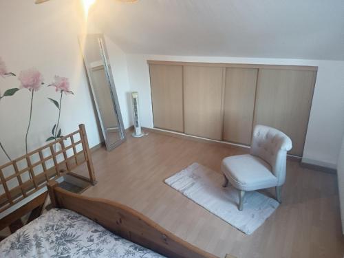 Una sala de estar con una silla y un espejo. en Gîte indépendant Diz'enreves au cœur des vignes, en Dizy