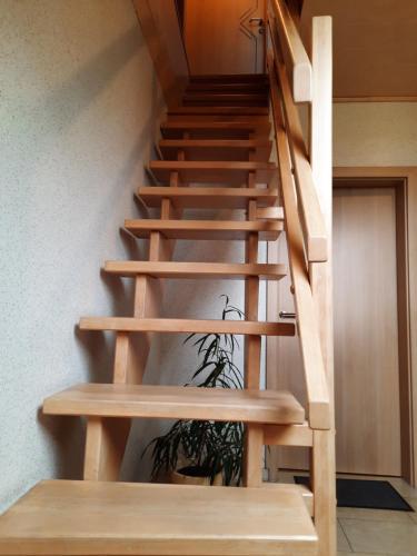 a wooden staircase in a house with a potted plant at Ferienwohnung van den Berg in Rees