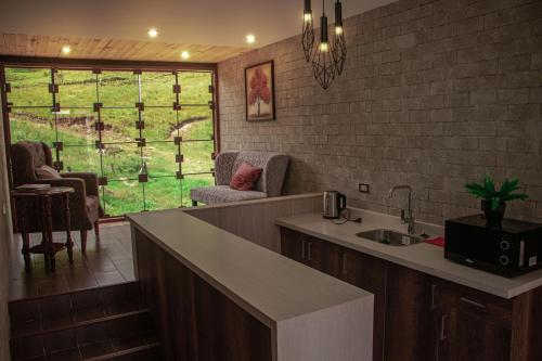 a kitchen with a sink and a counter top at Habitaciones Alpes Oxapampa in Oxapampa