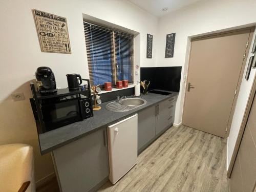 a kitchen with a sink and a microwave at Studio du soleil in Saint-Omer