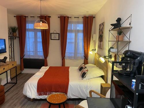 a bedroom with a bed with a red blanket at Studio du soleil in Saint-Omer