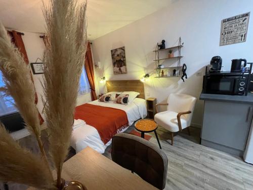 a hotel room with a bed and a tv at Studio du soleil in Saint-Omer