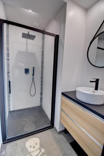 La salle de bains est pourvue d'une douche et d'un lavabo. dans l'établissement Grande chambre couple possible avec sanitaire complet privatif moderne proche Zénith-Atlantis, à Saint-Herblain