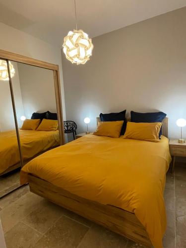 une chambre avec deux lits et un grand miroir dans l'établissement Vieux-Nice 3 pièces confortable et calme, à Nice