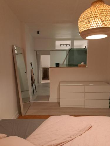 a bedroom with a mirror and a white dresser at Appartement Maison de Maître in Seraing