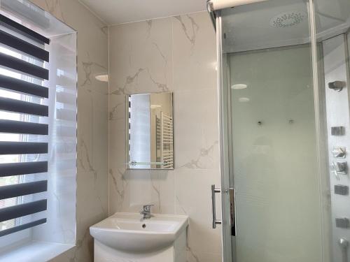 een badkamer met een toilet, een wastafel en een douche bij Restaurace Hamburk s ubytováním in Beroun