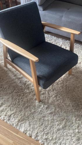a chair sitting on a rug in a living room at Unter dem Dach mit Parkplatz in Bremen
