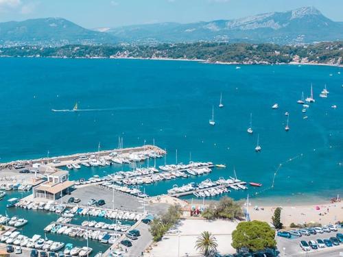 une vue aérienne d'une marina avec des bateaux dans l'eau dans l'établissement L'appartement, au Pradet