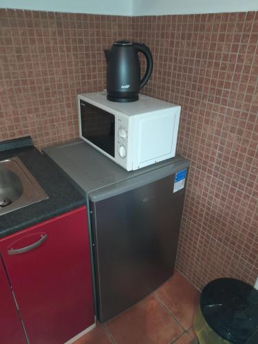 a microwave sitting on top of a refrigerator at Koleos in Osijek