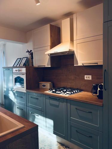 a kitchen with blue cabinets and a stove top oven at House DIKA- sauna & jacuzzi in Otočac