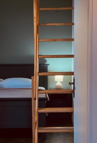 a room with a book shelf next to a bed at House DIKA- sauna & jacuzzi in Otočac