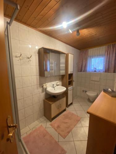 La salle de bains est pourvue d'un lavabo et de toilettes. dans l'établissement Haus Reiterer, à Neustift im Stubaital