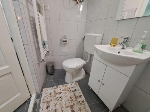 a white bathroom with a toilet and a sink at Casa Mari in Sibiu