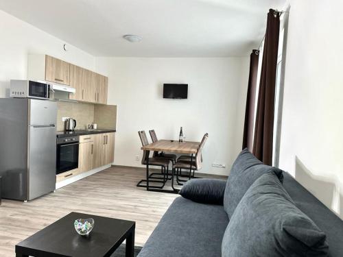 Il comprend un salon avec un canapé et une cuisine avec une table. dans l'établissement Sky Apartments 509, à Plzeň