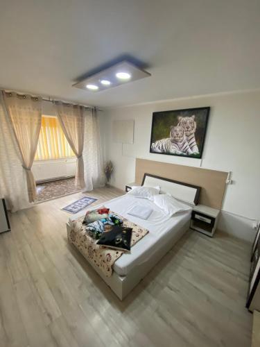 ein Schlafzimmer mit einem großen Bett in einem Zimmer in der Unterkunft Apartment Darvys in Galaţi