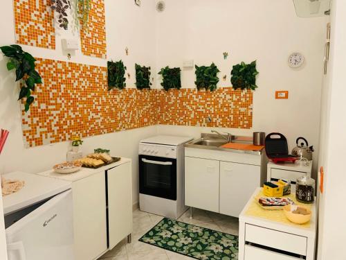a small kitchen with white cabinets and plants on the wall at Holiday Home 40 in Santa Maria delle Mole