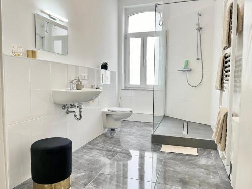 W łazience znajduje się umywalka, toaleta i prysznic. w obiekcie Golden Deer Apartment - 3 Schlafzimmer - Zentrum - 92m² w Hanowerze