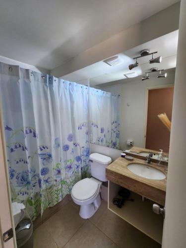 a bathroom with a toilet and a sink and a shower curtain at Departamento Laguna Vista Oceano in Algarrobo