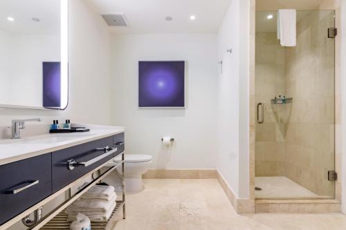 a bathroom with a shower and a toilet and a sink at Fontainebleau in Miami Beach