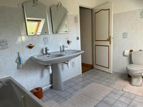een badkamer met een wastafel, een toilet en een spiegel bij Les Chopinettes in Saint-Prix