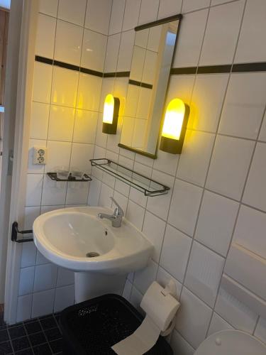 een badkamer met een wastafel, een spiegel en een toilet bij Chalet Makkum V10 in Makkum