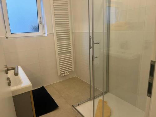 a bathroom with a glass shower and a sink at Wohnung 1 Ensingerstraße in Ulm