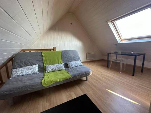 ein Zimmer mit einem Sofa und einem Tisch im Dachgeschoss in der Unterkunft Duplex F2 - proche GARE TGV in Mulhouse