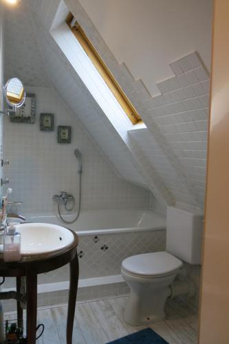 a bathroom with a toilet and a bath tub at Ferienhaus Julius in Willingen