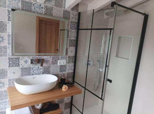 a bathroom with a sink and a shower with a mirror at Los Sauces de la Fuente in Santillana del Mar