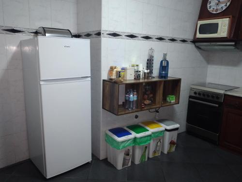 a kitchen with a white refrigerator and some trash cans at Casa Seixas Batista in Pinhão