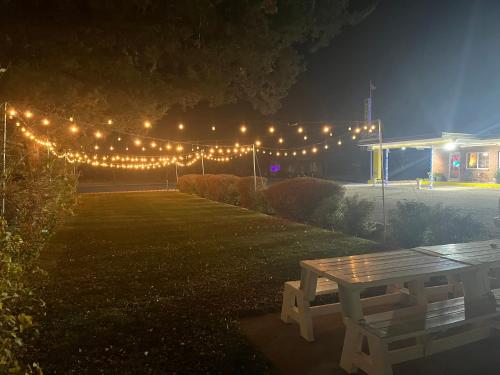 un patio iluminado con una mesa de picnic y luces en DeLano Motel & RV Park Beaver en Beaver