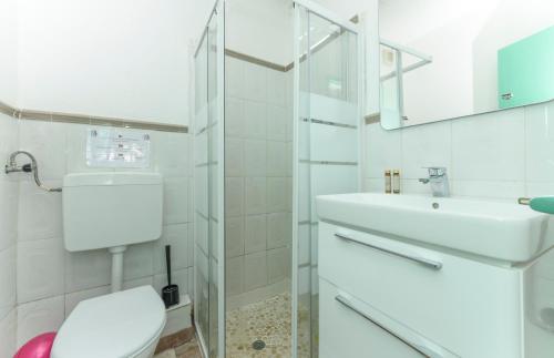 a bathroom with a toilet and a sink and a shower at Quinta de São Pedro in Sobreda